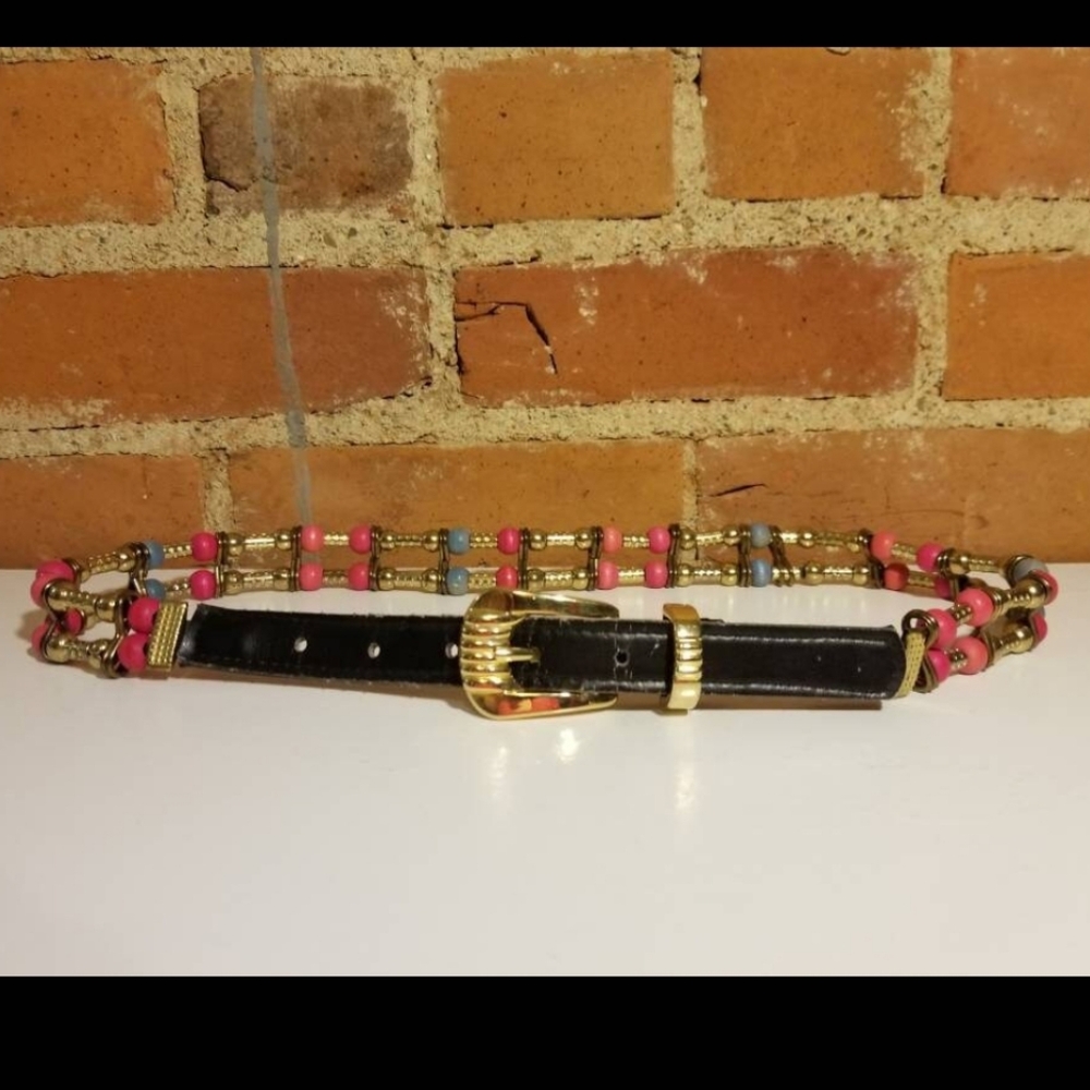 VINTAGE EXPRESS WOOD BEAD BELT RAINBOW 90S PASTEL LEATHER PREPPY HIPSTER ARTIST
